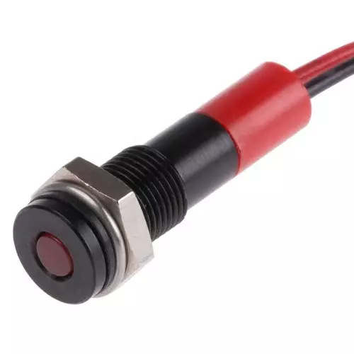 RS PRO Red Panel Mount Indicator 12V DC, Mounting Hole Size 6 mm, Termination Type Lead Wires, IP Rating IP67, Model No 7001855