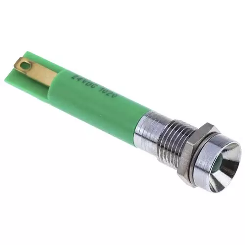 RS PRO Green Panel Mount Indicator 24V DC, Mounting Hole Size 8 mm, Termination Type Solder Tab, IP Rating IP40, Model No 210967