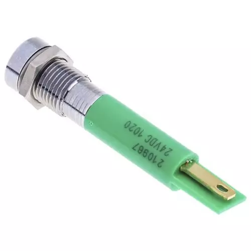 RS PRO Green Panel Mount Indicator 24V DC, Mounting Hole Size 8 mm, Termination Type Solder Tab, IP Rating IP40, Model No 210967