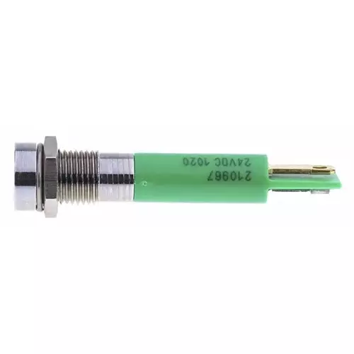 RS PRO Green Panel Mount Indicator 24V DC, Mounting Hole Size 8 mm, Termination Type Solder Tab, IP Rating IP40, Model No 210967