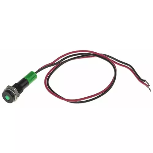 RS PRO Green Panel Mount Indicator 24V DC, Mounting Hole Size 6 mm, Termination Type Lead Wires, IP Rating IP67, Model No 7001877
