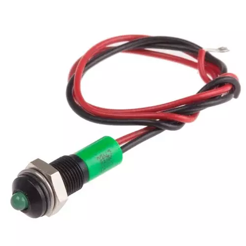RS PRO Green Panel Mount Indicator 24V DC, Mounting Hole Size 6 mm, Termination Type Lead Wires, IP Rating IP67, Model No 7227889