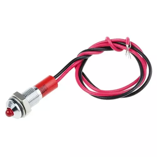 RS PRO Red Panel Mount Indicator 12V DC, Mounting Hole Size 6 mm, Termination Type Lead Wires, IP Rating IP67, Model No 7227785