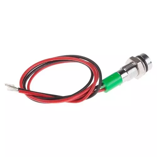 RS PRO Green Panel Mount Indicator 12V DC, Mounting Hole Size 6 mm, Termination Type Lead Wires, IP Rating IP67, Model No 7227744