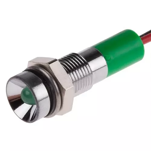 RS PRO Green Panel Mount Indicator 24V DC, Mounting Hole Size 6 mm, Termination Type Lead Wires, IP Rating IP67, Model No 7227766
