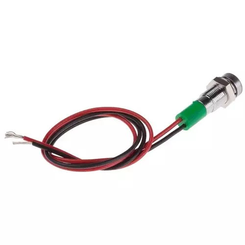 RS PRO Green Panel Mount Indicator 24V DC, Mounting Hole Size 6 mm, Termination Type Lead Wires, IP Rating IP67, Model No 7227766