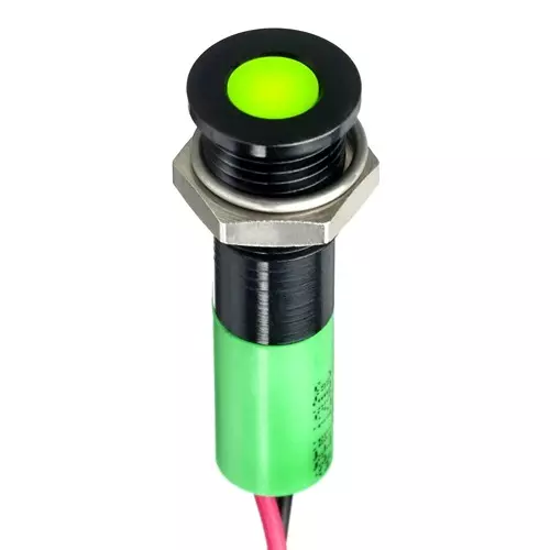 RS PRO Green Panel Mount Indicator 12V DC, Mounting Hole Size 8 mm, Termination Type Lead Wires, IP Rating IP67, Model No 2494308
