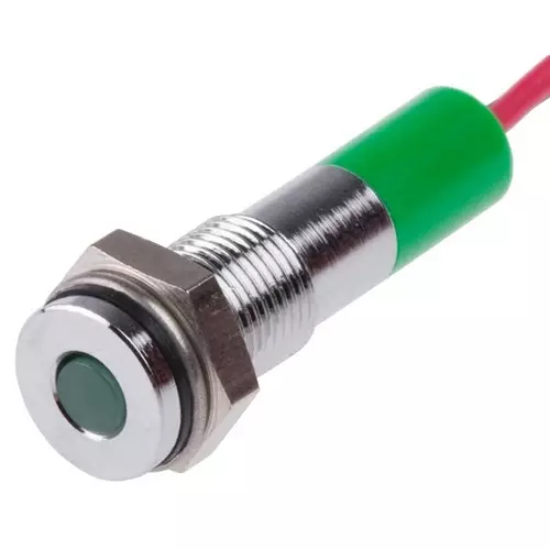 RS PRO Green Panel Mount Indicator 24V DC, Mounting Hole Size 6 mm, Termination Type Lead Wires, IP Rating IP67, Model No 7001827