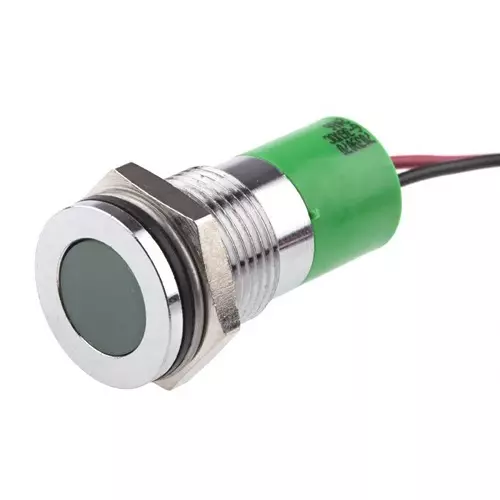 RS PRO Green Panel Mount Indicator 6-36V DC, Mounting Hole Size 14 mm, Termination Type Lead Wires, IP Rating IP67, Model No 7039070
