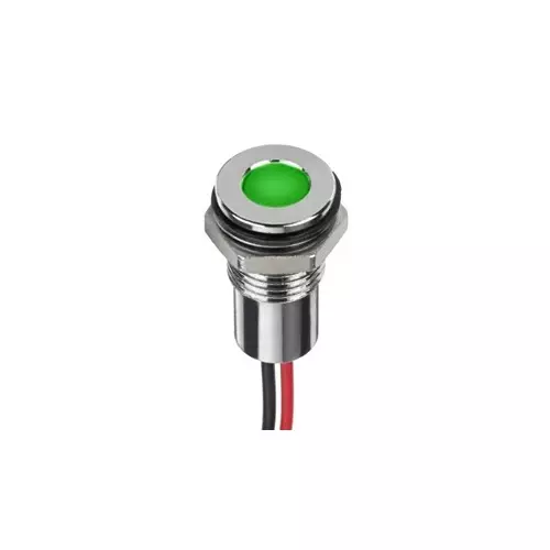 RS PRO Hyper Green Panel Mount Indicator 1.8-3.3V DC, Mounting Hole Size 8 mm, Termination Type Lead Wires, IP Rating IP67, Model No 2208967