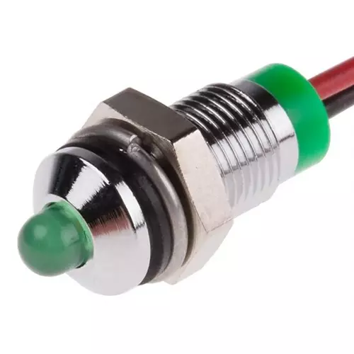 RS PRO Green Panel Mount Indicator 2V DC, Mounting Hole Size 6 mm, Termination Type Lead Wires, IP Rating IP67, Model No 7227675