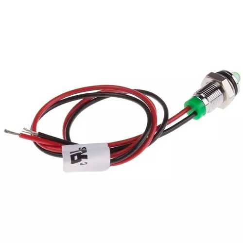 RS PRO Green Panel Mount Indicator 2V DC, Mounting Hole Size 6 mm, Termination Type Lead Wires, IP Rating IP67, Model No 7227675