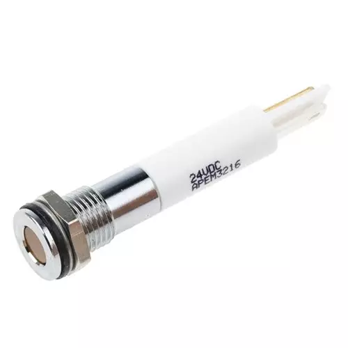 RS PRO Orange Panel Mount Indicator 24V DC, Mounting Hole Size 8 mm, Termination Type Faston, Solder Lug, IP Rating IP67, Model No 8385592