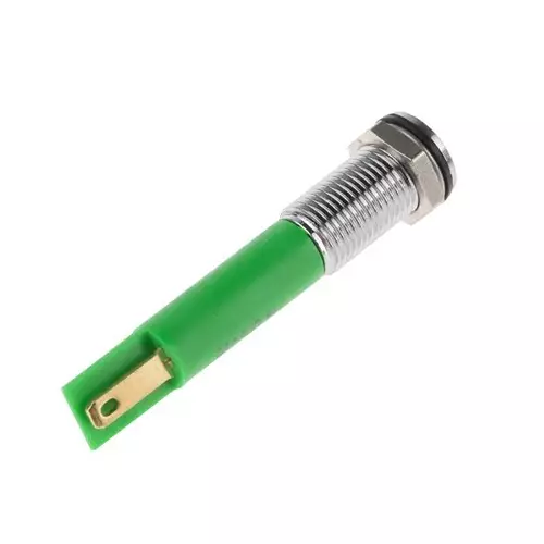 RS PRO Green Panel Mount Indicator 220V AC, Mounting Hole Size 8 mm, Termination Type Faston, Solder Lug, IP Rating IP67, Model No 9138735