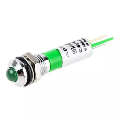 RS PRO Green Panel Mount Indicator 24V DC, Mounting Hole Size 8 mm, Termination Type Faston, Solder Lug, IP Rating IP67, Model No 8385542