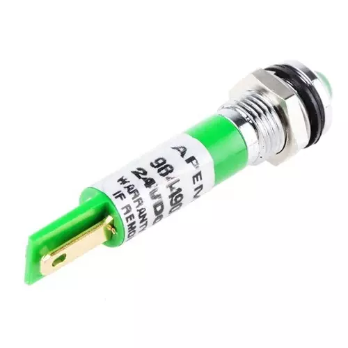 RS PRO Green Panel Mount Indicator 24V DC, Mounting Hole Size 8 mm, Termination Type Faston, Solder Lug, IP Rating IP67, Model No 8385542