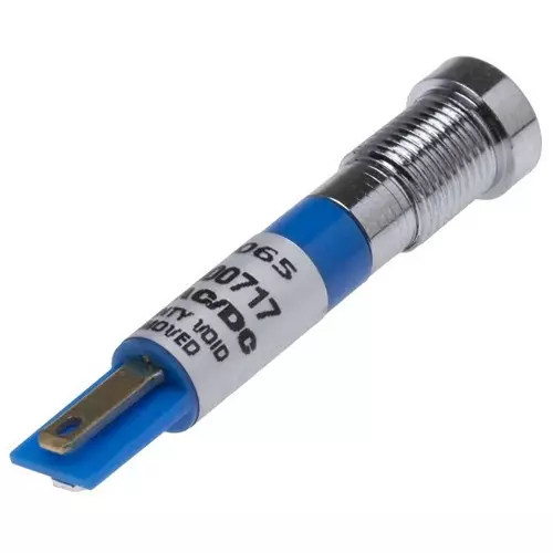 RS PRO Blue Panel Mount Indicator, Mounting Hole Size 8 mm, Termination Type Solder Tab, IP Rating IP67, Model No 208065