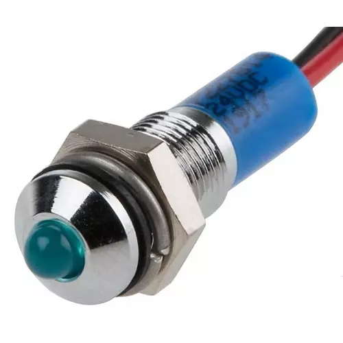 RS PRO Blue Panel Mount Indicator 24V DC, Mounting Hole Size 6 mm, Termination Type Lead Wires, IP Rating IP67, Model No 7227814