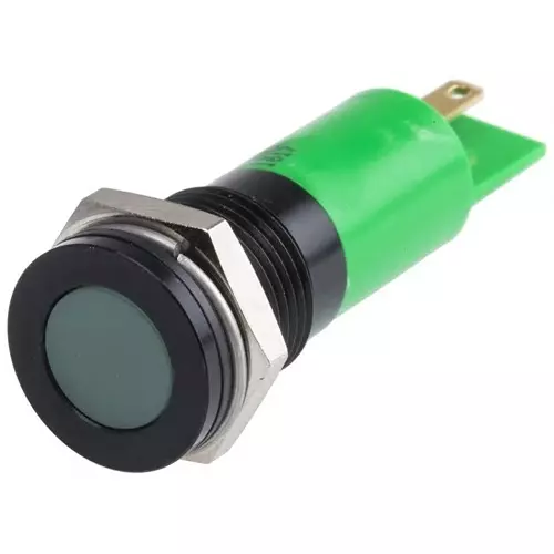 RS PRO Green Panel Mount Indicator 12V DC, Mounting Hole Size 14 mm, Termination Type Solder Tab, IP Rating IP67, Model No 7038872