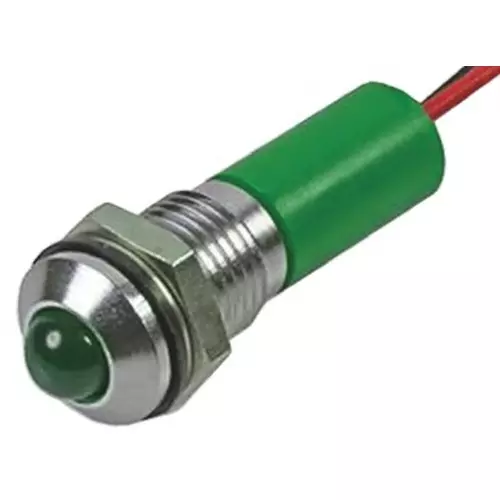 RS PRO Green Panel Mount Indicator 24V DC, Mounting Hole Size 8 mm, Termination Type Lead Wires, IP Rating IP67, Model No 7239479