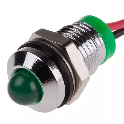 RS PRO Green Panel Mount Indicator 2V DC, Mounting Hole Size 8 mm, Termination Type Lead Wires, IP Rating IP67, Model No 7239325