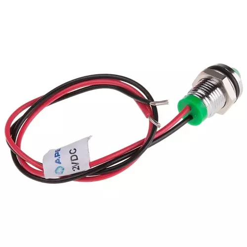 RS PRO Green Panel Mount Indicator 2V DC, Mounting Hole Size 8 mm, Termination Type Lead Wires, IP Rating IP67, Model No 7239325
