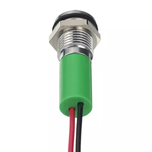 RS PRO Green Panel Mount Indicator 12V DC, Mounting Hole Size 8 mm, Termination Type Lead Wires, IP Rating IP67, Model No 2494339
