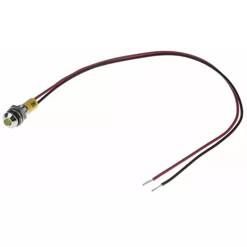 RS PRO Yellow Panel Mount Indicator 24V DC, Mounting Hole Size 6 mm, Termination Type Lead Wires, IP Rating IP67, Model No 7227805