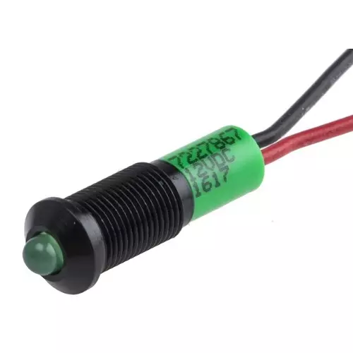 RS PRO Green Panel Mount Indicator 12V DC, Mounting Hole Size 6 mm, Termination Type Lead Wires, IP Rating IP67, Model No 7227867