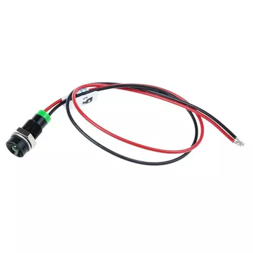 RS PRO Green Panel Mount Indicator 2V DC, Mounting Hole Size 6 mm, Termination Type Lead Wires, IP Rating IP67, Model No 7227726