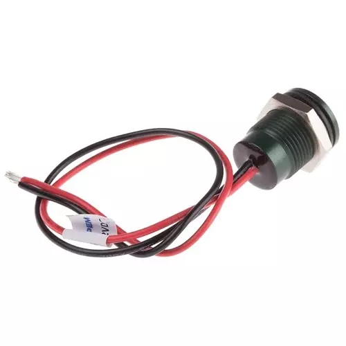 RS PRO Green Panel Mount Indicator 12V DC, Mounting Hole Size 14 mm, Termination Type Lead Wires, IP Rating IP67, Model No 1116574