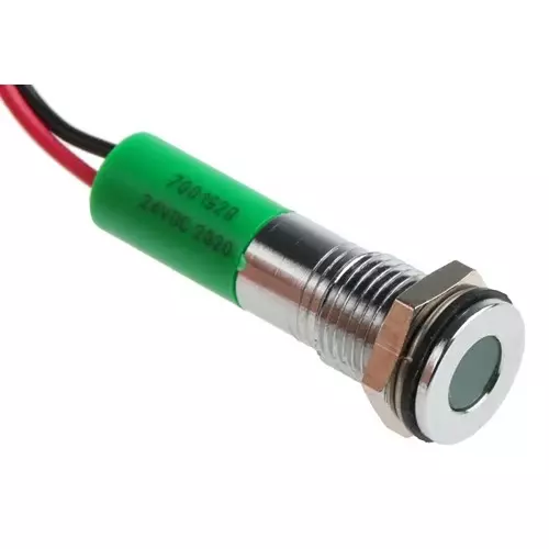 RS PRO Green Panel Mount Indicator 24V DC, Mounting Hole Size 8 mm, Termination Type Lead Wires, IP Rating IP67, Model No 7001928