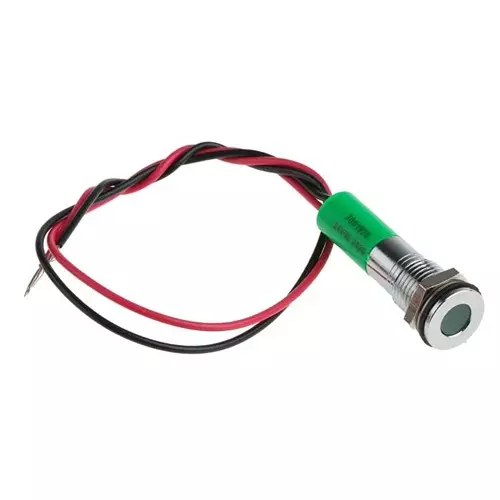 RS PRO Green Panel Mount Indicator 24V DC, Mounting Hole Size 8 mm, Termination Type Lead Wires, IP Rating IP67, Model No 7001928