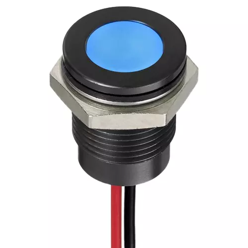 RS PRO Blue Panel Mount Indicator 12V DC, Mounting Hole Size 14 mm, Termination Type Lead Wires, IP Rating IP67, Model No 1302295
