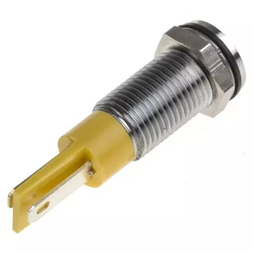 RS PRO Yellow Panel Mount Indicator 12V DC, Mounting Hole Size 8 mm, Termination Type Faston, Solder Lug, IP Rating IP67, Model No 9132698