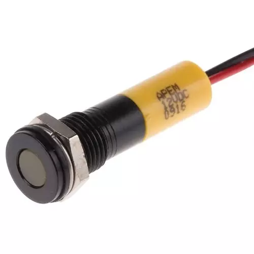 RS PRO Yellow Panel Mount Indicator 12V DC, Mounting Hole Size 8 mm, Termination Type Lead Wires, IP Rating IP67, Model No 7001984