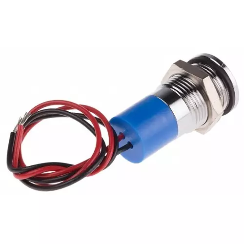 RS PRO Blue Panel Mount Indicator 12V DC, Mounting Hole Size 14 mm, Termination Type Lead Wires, IP Rating IP67, Model No 7038932