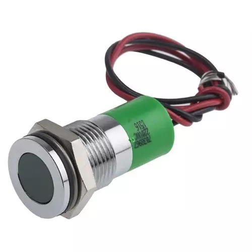 RS PRO Green Panel Mount Indicator 220V AC, Mounting Hole Size 14 mm, Termination Type Lead Wires, IP Rating IP67, Model No 7038967