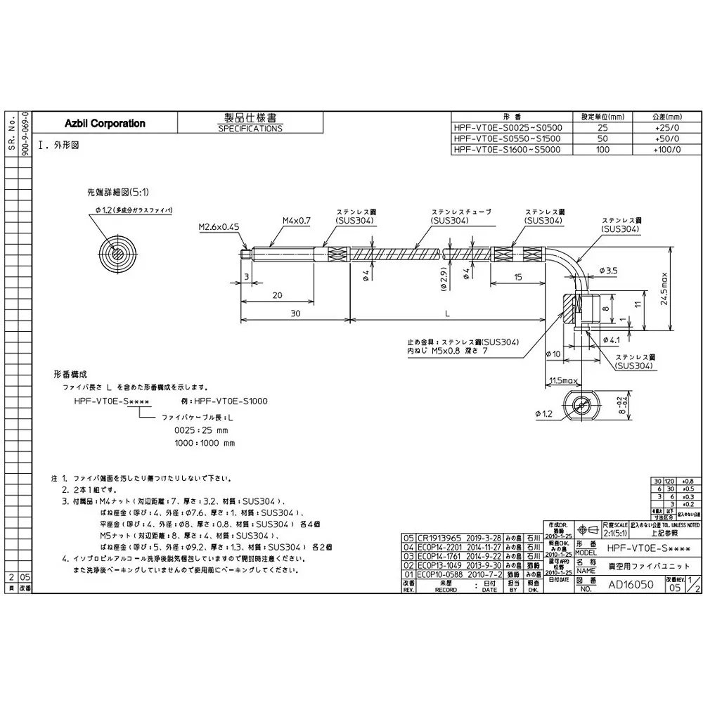 Azbil Vacuum Transmission Type Fiber Unit Through-Beam 275 mm ,HPF-VT0E-S0275