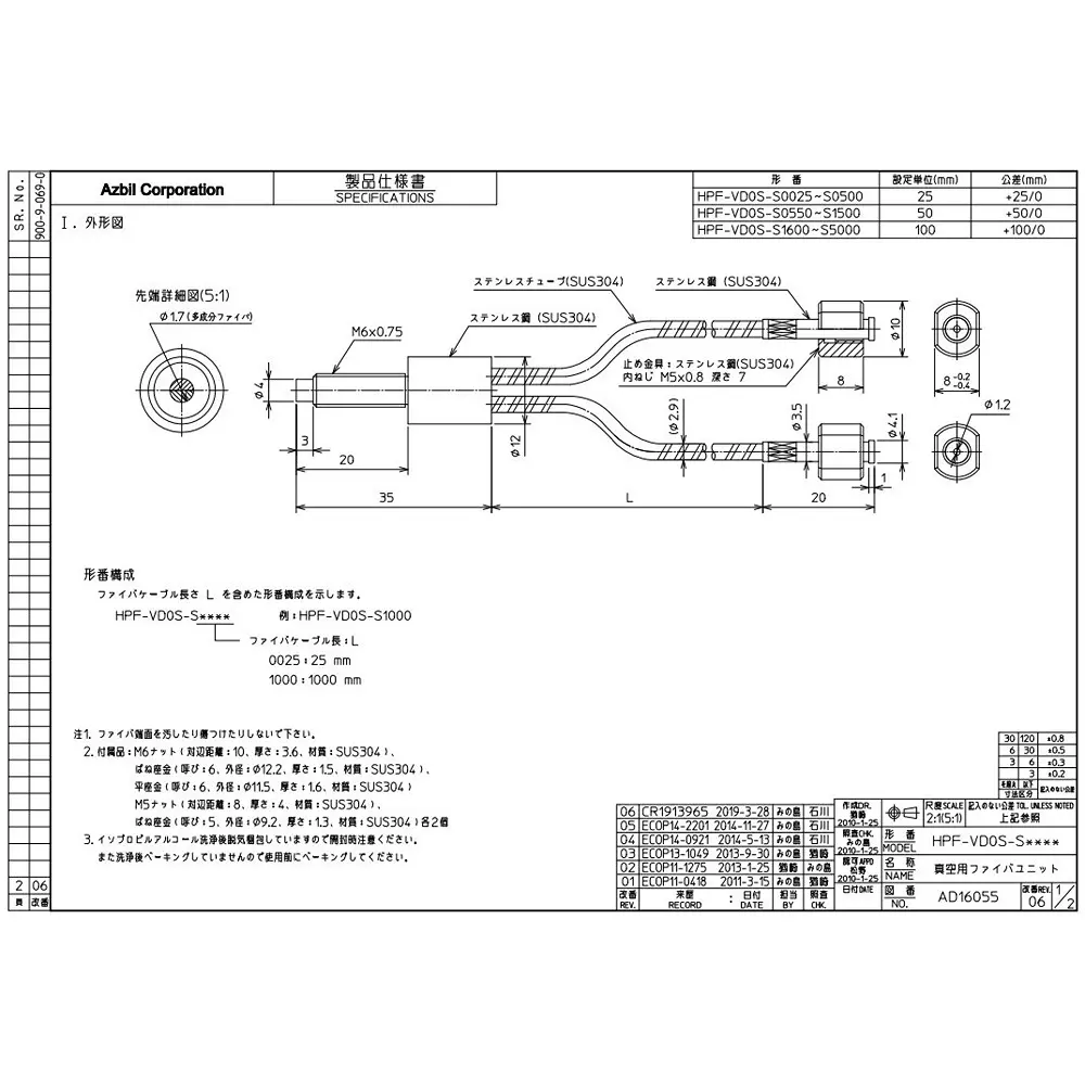 Azbil Vacuum-Reflective Fiber Unit Reflective Type 1000 mm ,HPF-VD0S-S1000