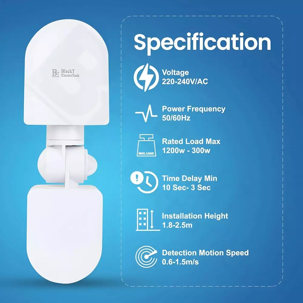 Blackt PIR Motion Sensor Switch Wall Mounted White Color and 0-7 m Adjustable Detection Range, BT31WH