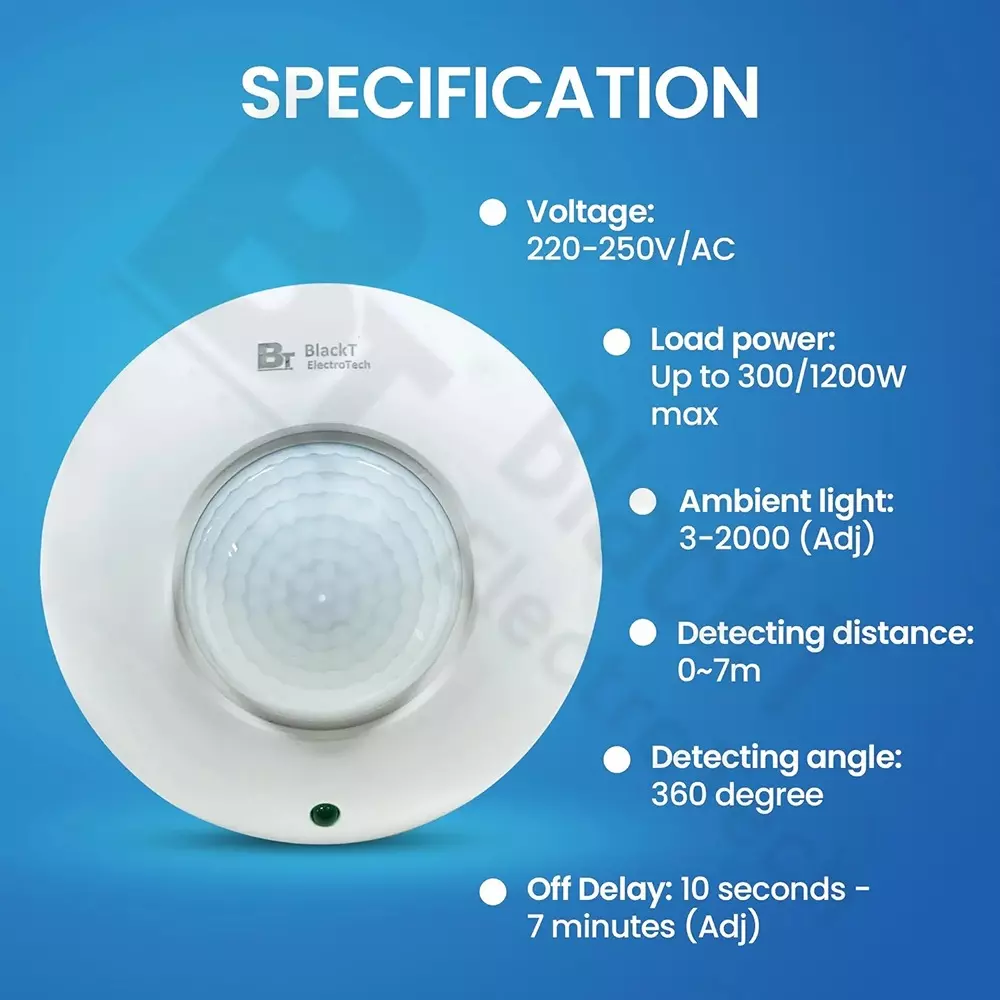 Blackt PIR Motion Sensor Ceiling Mounted Round Shape White Color and 6 m Detection Range, BT31C