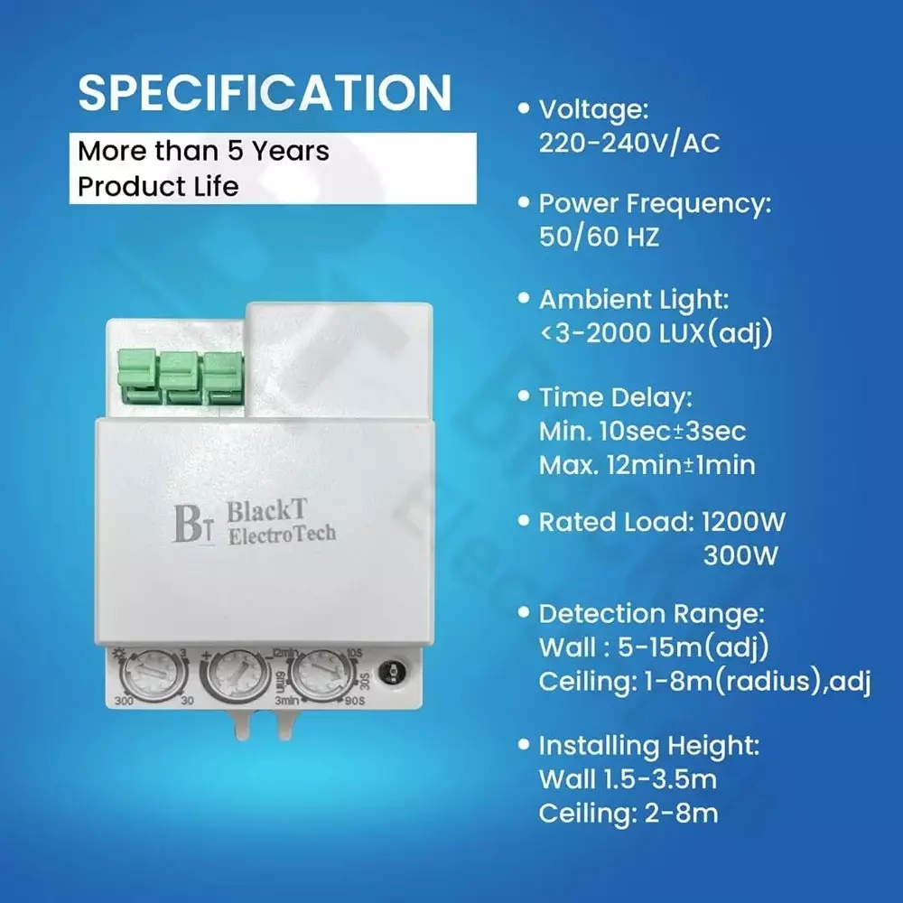 Blackt Microwave/Radar Motion Sensor Wall or Ceiling Mounted with 15 m Adjustable Detection Range, BT31M1