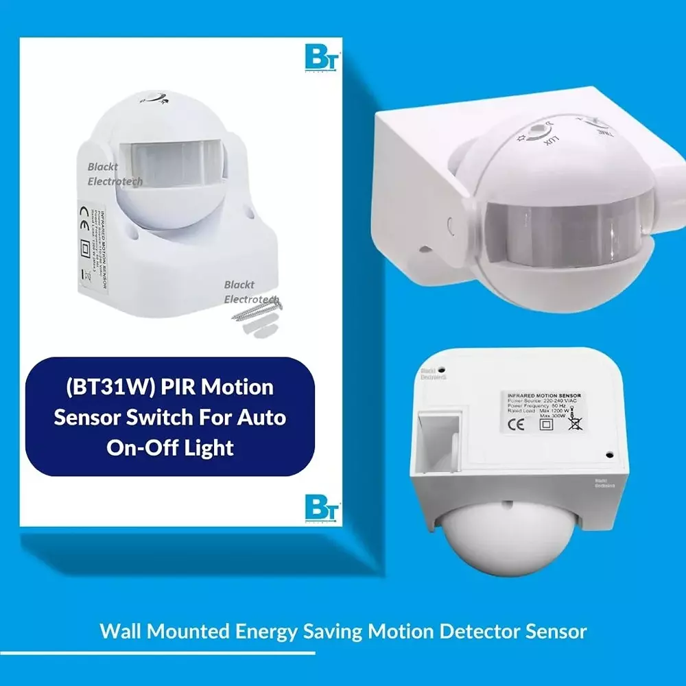 Blackt PIR Motion Sensor Wall Mounted White Color and 1-8 m Adjustable Detection Range, BT31W