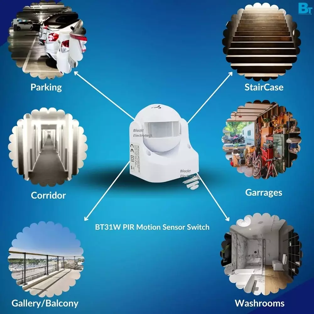 Blackt PIR Motion Sensor Wall Mounted White Color and 1-8 m Adjustable Detection Range, BT31W