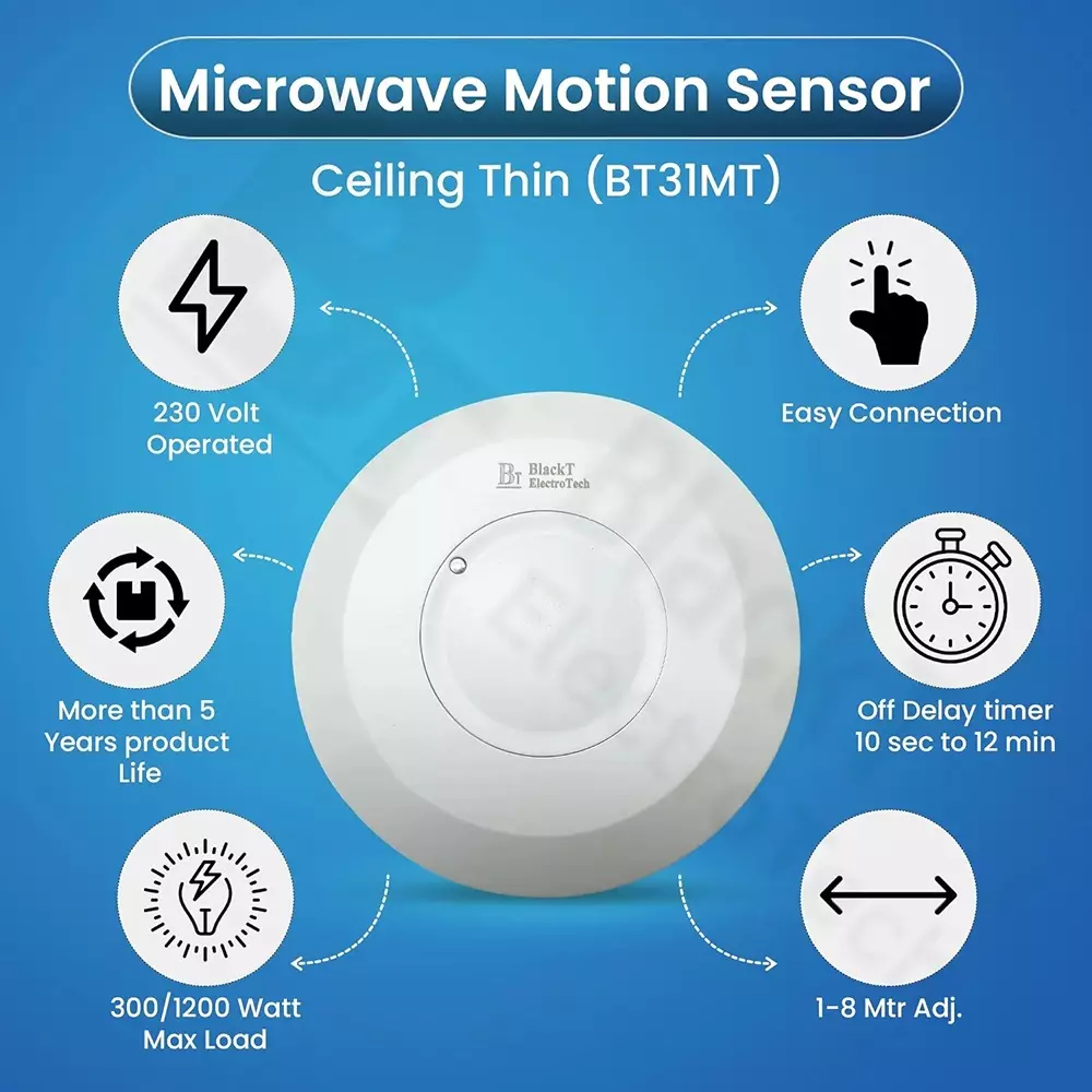 Blackt Occupancy Motion Detector Ceiling Mounted Round Shape White Color and 1-8 m Adjustable Detection Range, BT31MT
