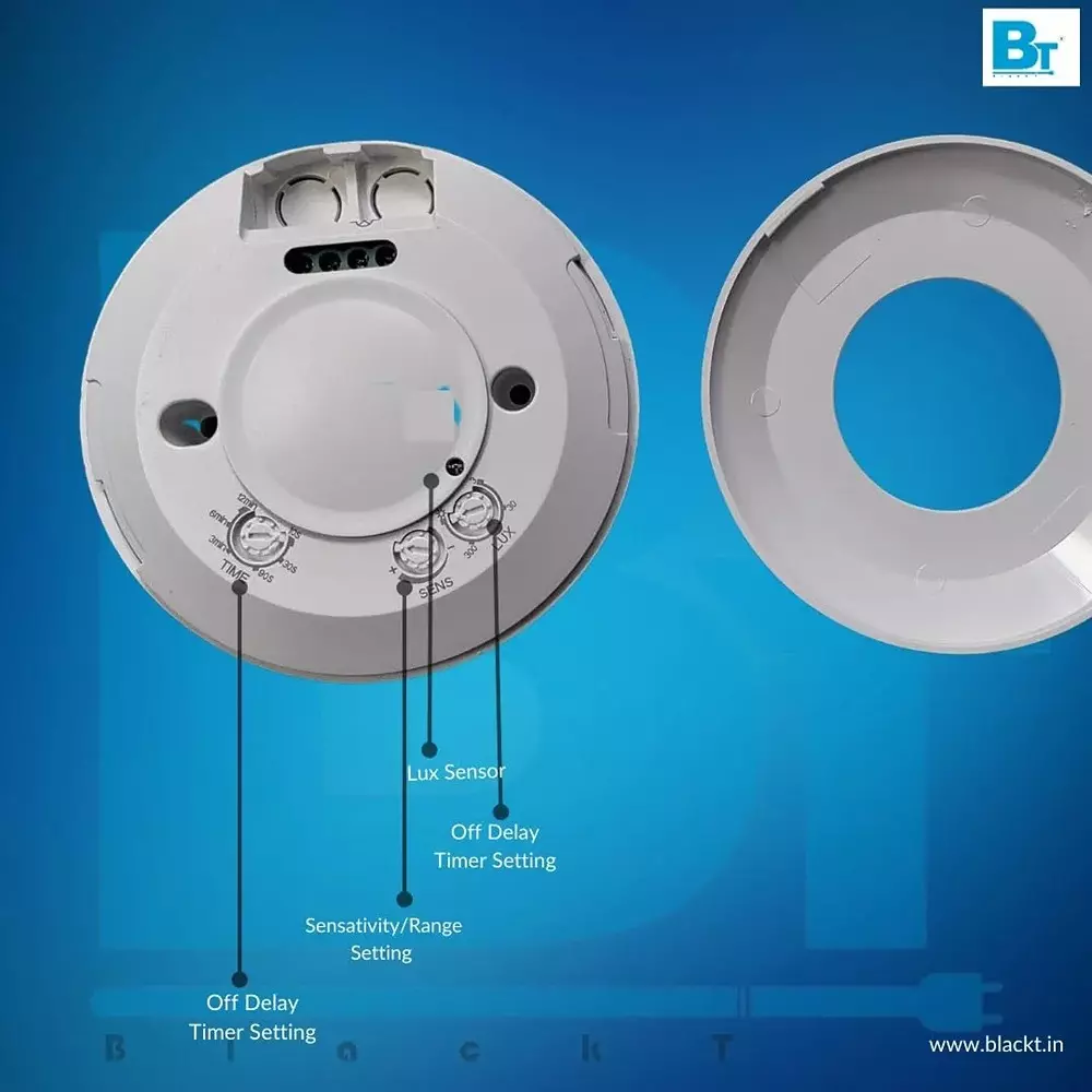 Blackt Occupancy Motion Detector Ceiling Mounted Round Shape White Color and 1-8 m Adjustable Detection Range, BT31MT