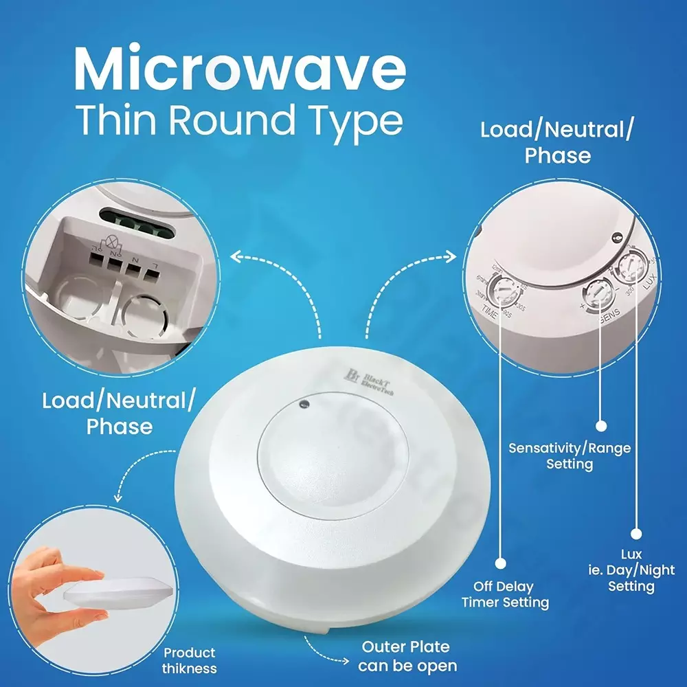 Blackt Occupancy Motion Detector Ceiling Mounted Round Shape White Color and 1-8 m Adjustable Detection Range, BT31MT