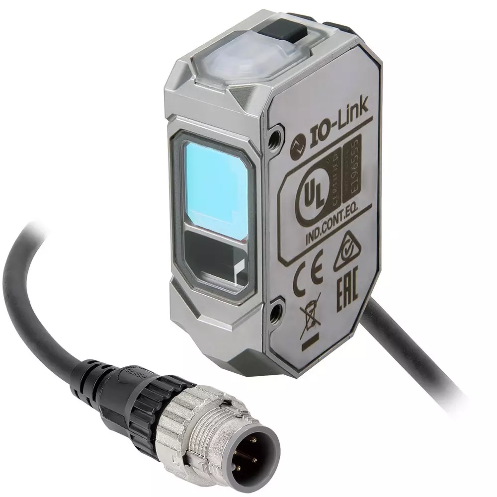 Omron Photoelectric Sensor Rectangular Housing Stainless Steel Red Laser Spot Beam 35-150 mm 10-30 VDC PNP Light-ON/Dark-ON IO-Link COM3 M12 Pigtail Smartclick Connector 0.3 m, E3AS0112D