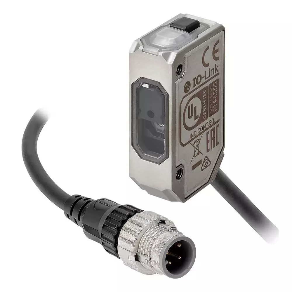 Omron Photoelectric Sensor Rectangular Housing Stainless Steel Infrared Laser Class 1 Time-of-Flight 1000 mm PNP Light-ON/Dark-ON IO-Link COM2 M12 Pigtail Smartclick Connector 0.3 m, E3AS0040C
